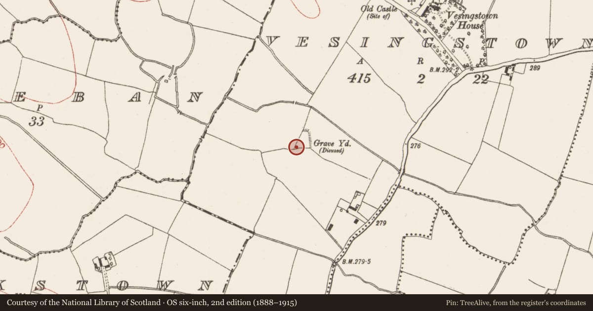 Ordnance Survey six-inch map, 2nd edition (1888–1915) covering the location of Graveyard, Vesingstown, County Meath, with a pin at the register's coordinates