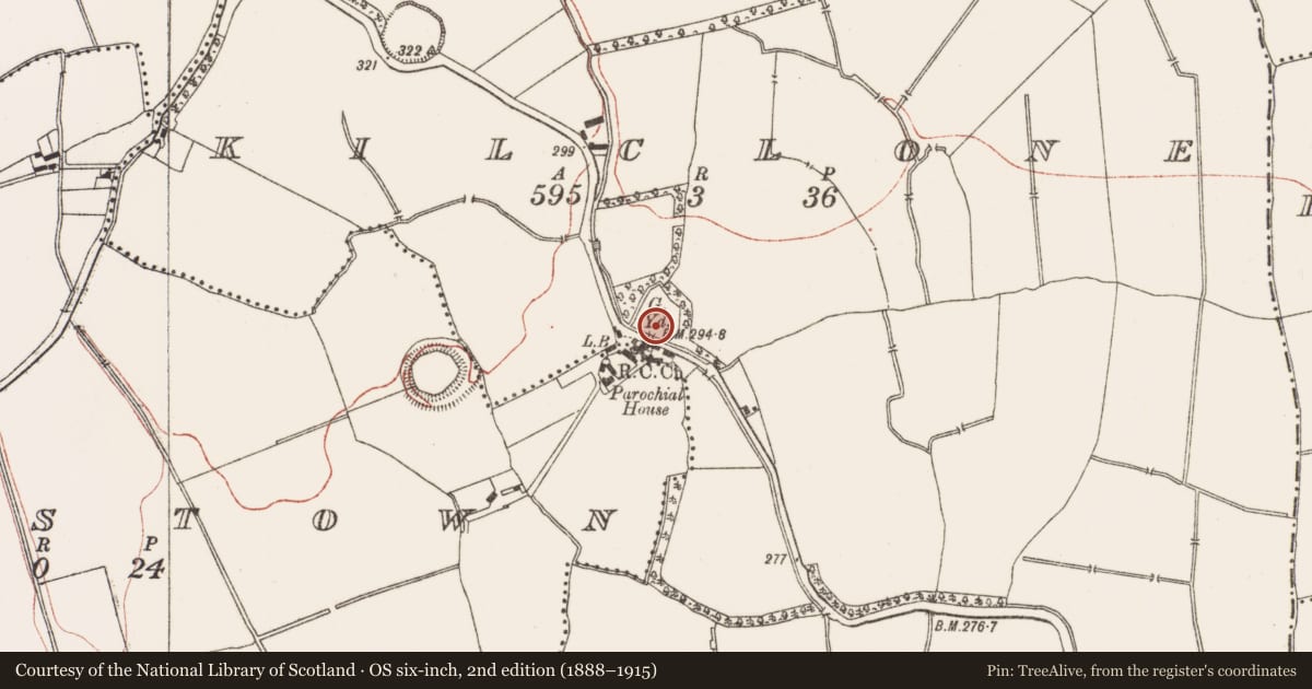 Ordnance Survey six-inch map, 2nd edition (1888–1915) covering the location of Church, Kilclone, County Meath, with a pin at the register's coordinates
