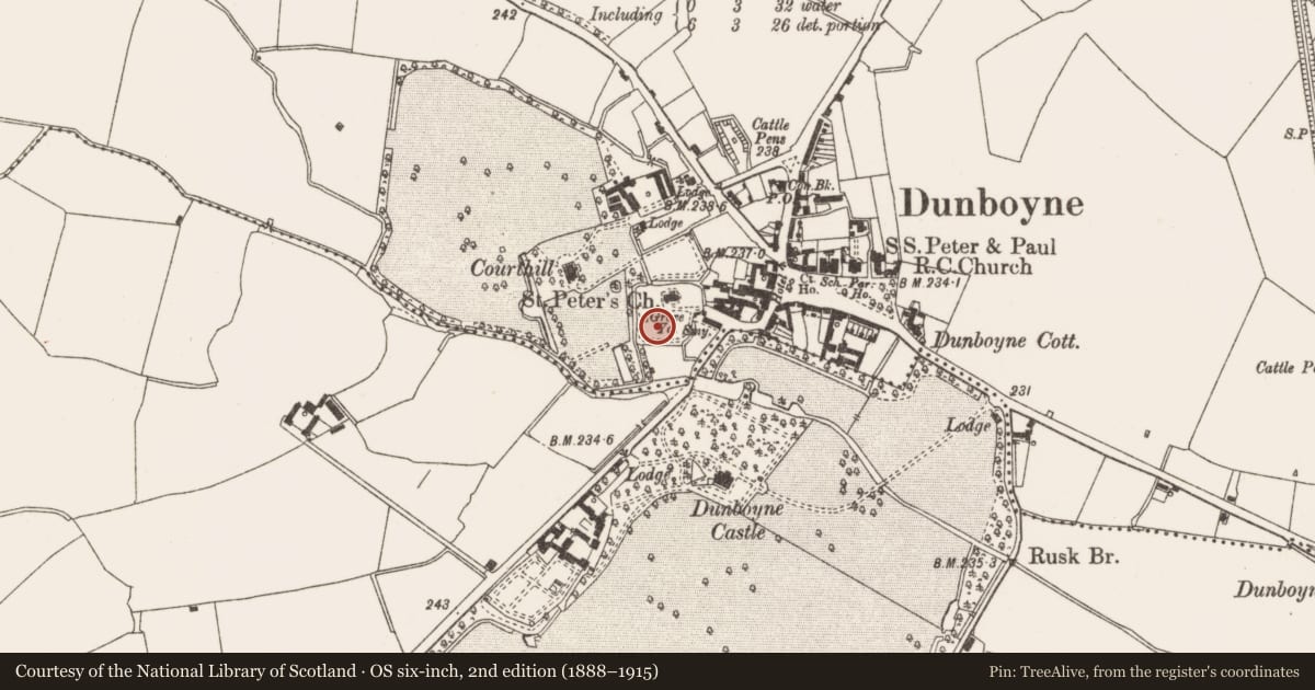 Ordnance Survey six-inch map, 2nd edition (1888–1915) covering the location of Church, Dunboyne, County Meath, with a pin at the register's coordinates