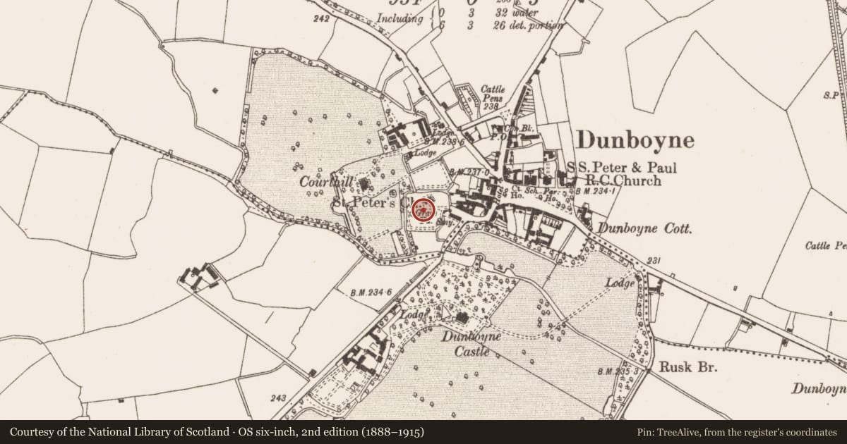 Ordnance Survey six-inch map, 2nd edition (1888–1915) covering the location of Architectural fragment, Dunboyne, County Meath, with a pin at the register's coordinates