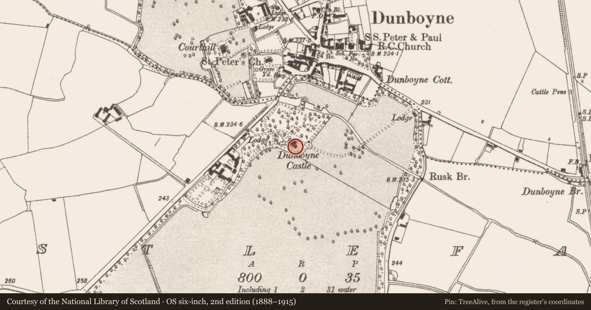 Ordnance Survey six-inch map, 2nd edition (1888–1915) covering the location of Castle - tower house, Castlefarm, County Meath, with a pin at the register's coordinates