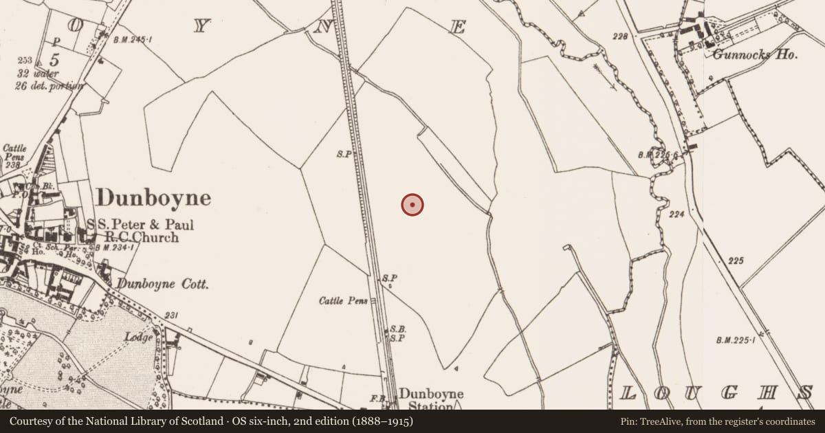 Ordnance Survey six-inch map, 2nd edition (1888–1915) covering the location of Ring-ditch, Dunboyne, County Meath, with a pin at the register's coordinates