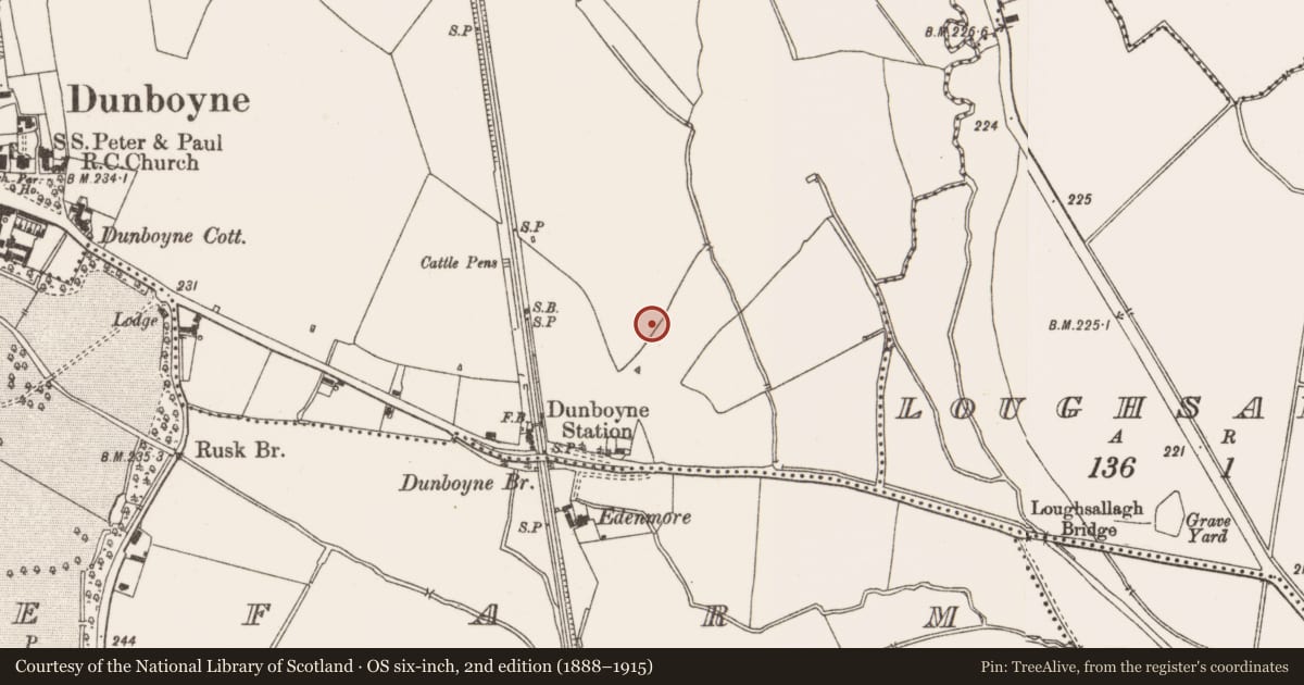 Ordnance Survey six-inch map, 2nd edition (1888–1915) covering the location of Ring-ditch, Dunboyne, County Meath, with a pin at the register's coordinates