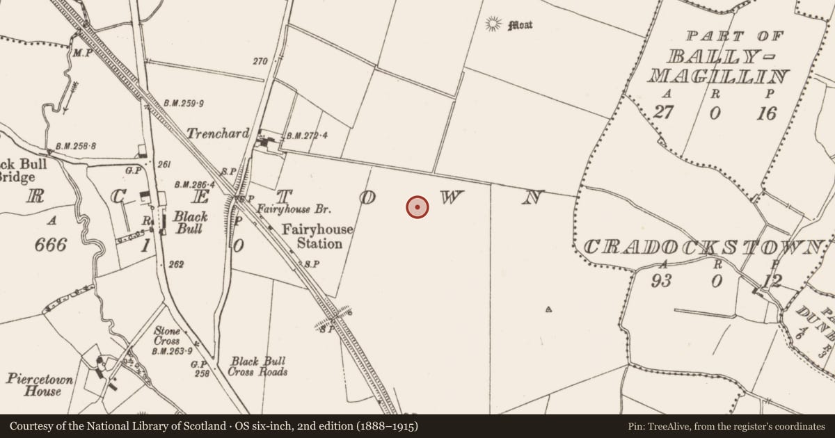 Ordnance Survey six-inch map, 2nd edition (1888–1915) covering the location of Enclosure - large enclosure, Piercetown, County Meath, with a pin at the register's coordinates