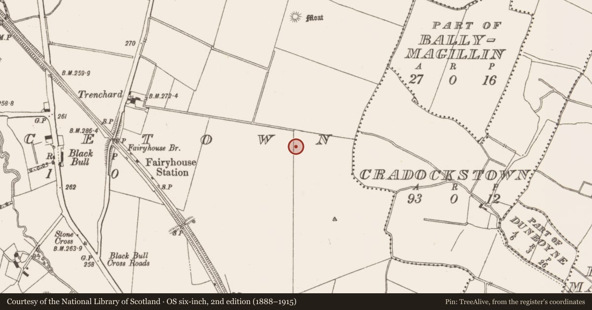 Ordnance Survey six-inch map, 2nd edition (1888–1915) covering the location of Ring-ditch, Piercetown, County Meath, with a pin at the register's coordinates