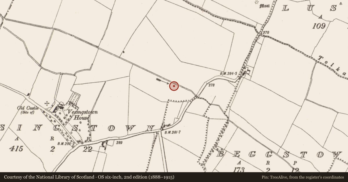 Ordnance Survey six-inch map, 2nd edition (1888–1915) covering the location of Enclosure - large enclosure, Vesingstown, County Meath, with a pin at the register's coordinates