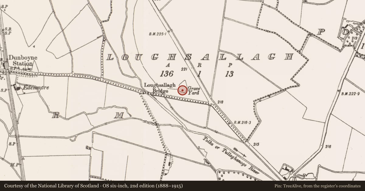 Ordnance Survey six-inch map, 2nd edition (1888–1915) covering the location of Church, Loughsallagh, County Meath, with a pin at the register's coordinates