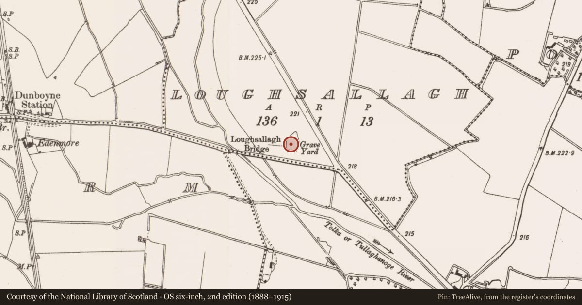 Ordnance Survey six-inch map, 2nd edition (1888–1915) covering the location of Ritual site - holy well, Loughsallagh, County Meath, with a pin at the register's coordinates