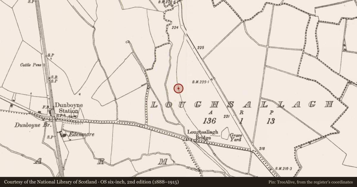Ordnance Survey six-inch map, 2nd edition (1888–1915) covering the location of Ring-ditch, Loughsallagh, County Meath, with a pin at the register's coordinates