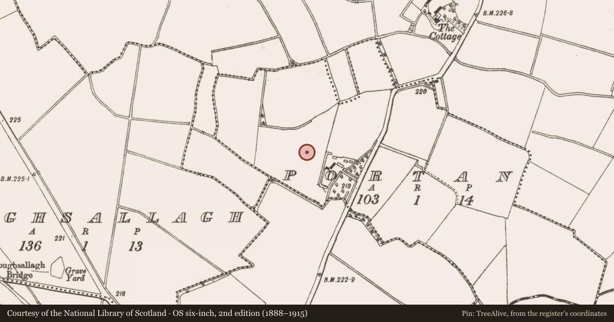 Ordnance Survey six-inch map, 2nd edition (1888–1915) covering the location of Fulacht fia, Portan, County Meath, with a pin at the register's coordinates