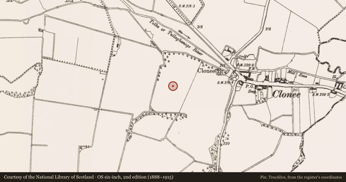 Ordnance Survey six-inch map, 2nd edition (1888–1915) covering the location of Fulacht fia, Clonee, County Meath, with a pin at the register's coordinates