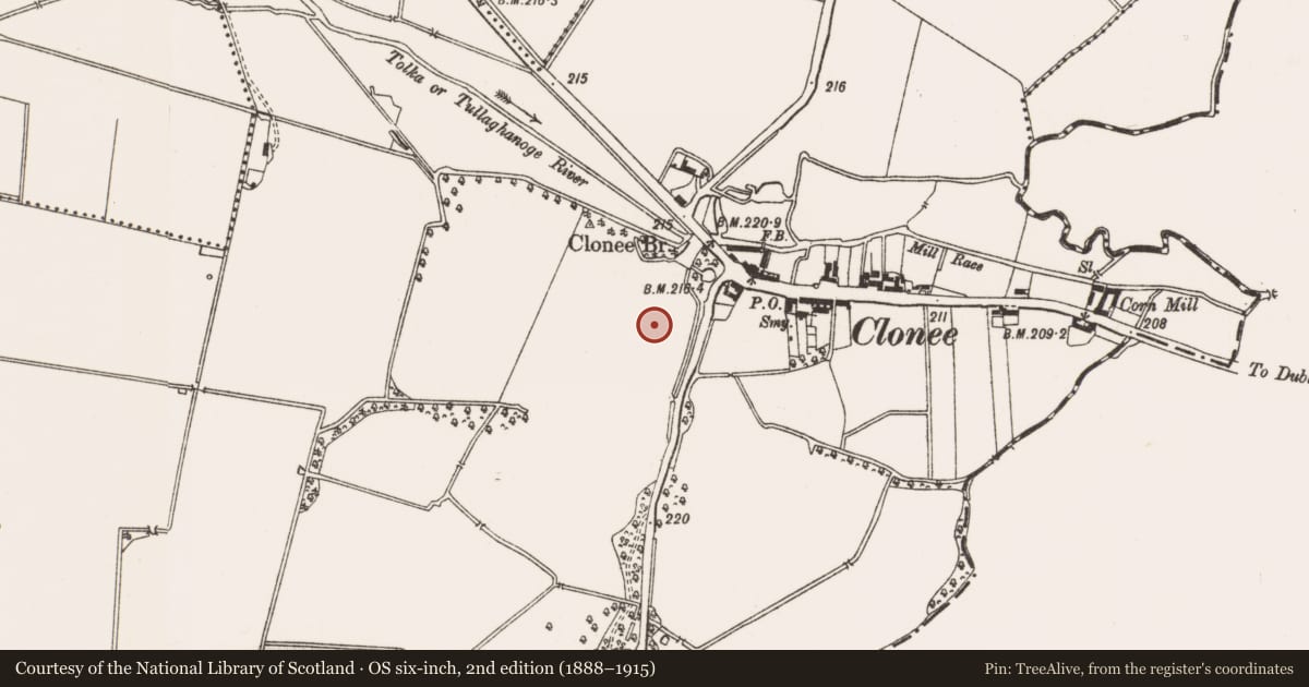 Ordnance Survey six-inch map, 2nd edition (1888–1915) covering the location of Linear earthwork, Clonee, County Meath, with a pin at the register's coordinates