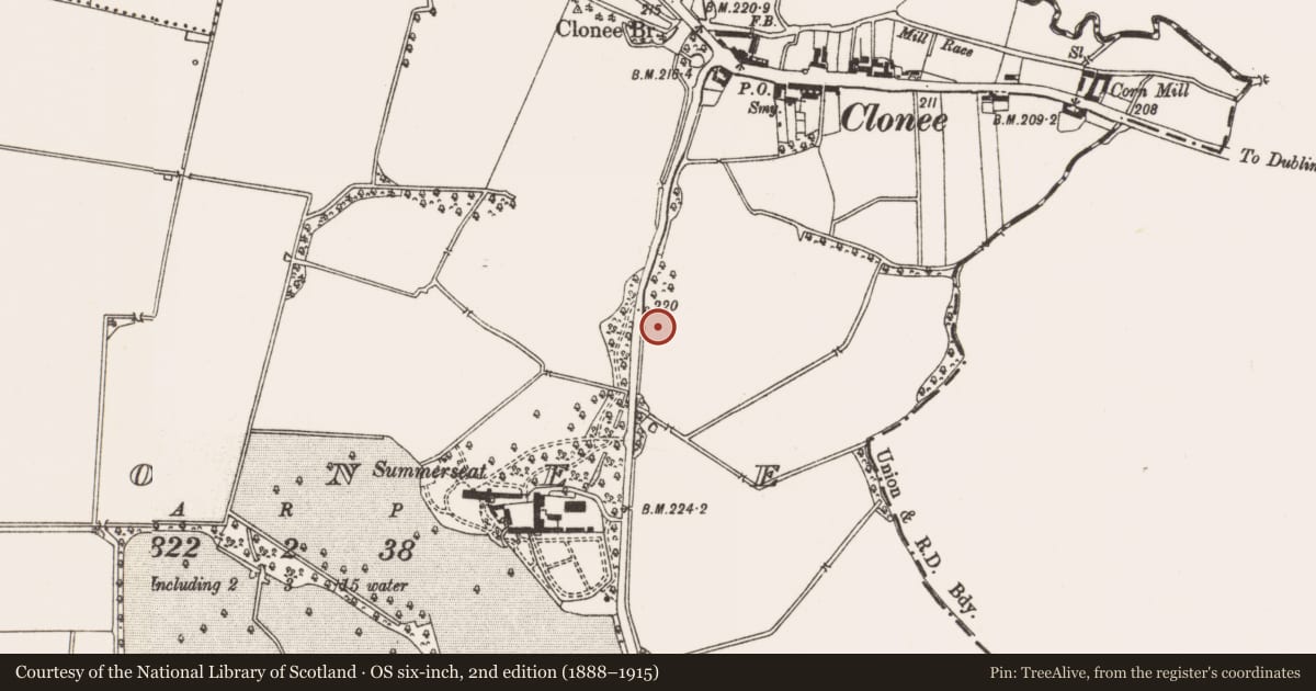 Ordnance Survey six-inch map, 2nd edition (1888–1915) covering the location of Kiln, Clonee, County Meath, with a pin at the register's coordinates