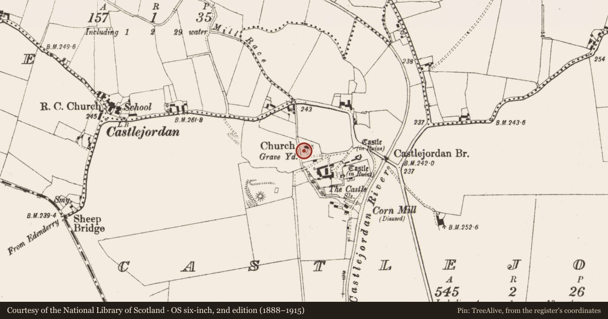 Ordnance Survey six-inch map, 2nd edition (1888–1915) covering the location of Church, Castlejordan, County Meath, with a pin at the register's coordinates