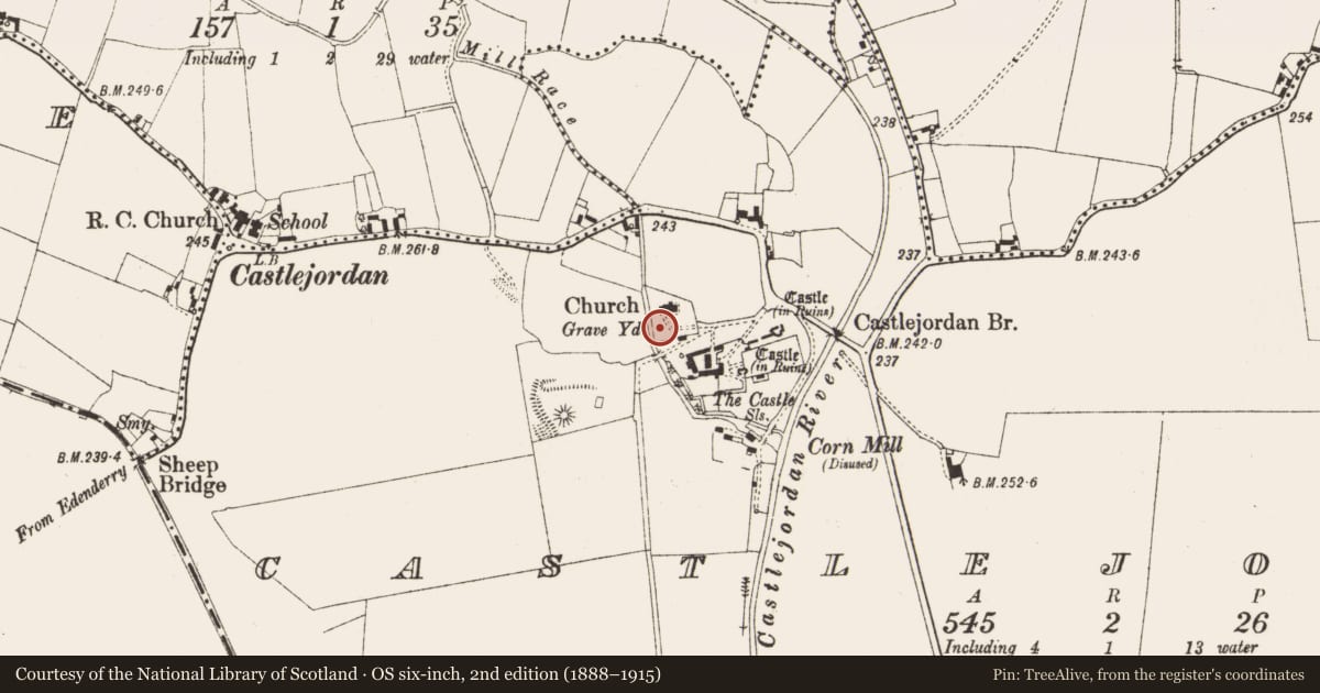 Ordnance Survey six-inch map, 2nd edition (1888–1915) covering the location of Graveyard, Castlejordan, County Meath, with a pin at the register's coordinates