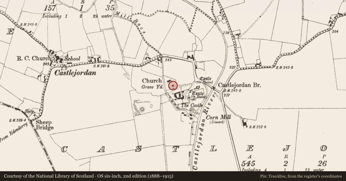 Ordnance Survey six-inch map, 2nd edition (1888–1915) covering the location of Headstone, Castlejordan, County Meath, with a pin at the register's coordinates