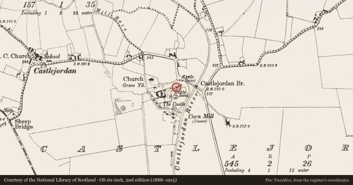 Ordnance Survey six-inch map, 2nd edition (1888–1915) covering the location of House - fortified house, Castlejordan, County Meath, with a pin at the register's coordinates