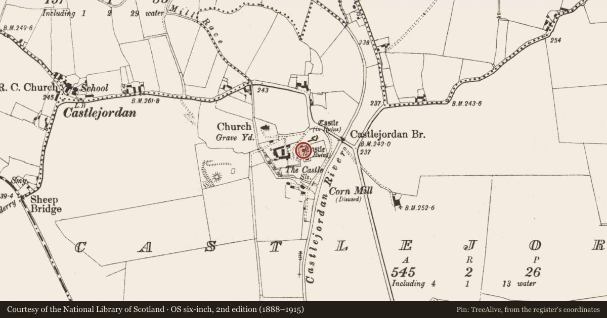 Ordnance Survey six-inch map, 2nd edition (1888–1915) covering the location of Bawn, Castlejordan, County Meath, with a pin at the register's coordinates