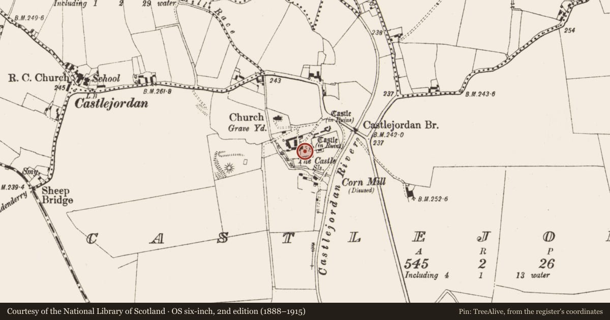 Ordnance Survey six-inch map, 2nd edition (1888–1915) covering the location of Castle - tower house, Castlejordan, County Meath, with a pin at the register's coordinates