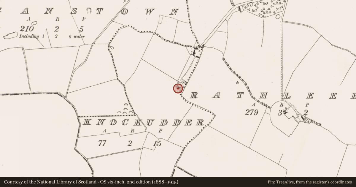 Ordnance Survey six-inch map, 2nd edition (1888–1915) covering the location of Castle - motte, Knockudder, County Meath, with a pin at the register's coordinates