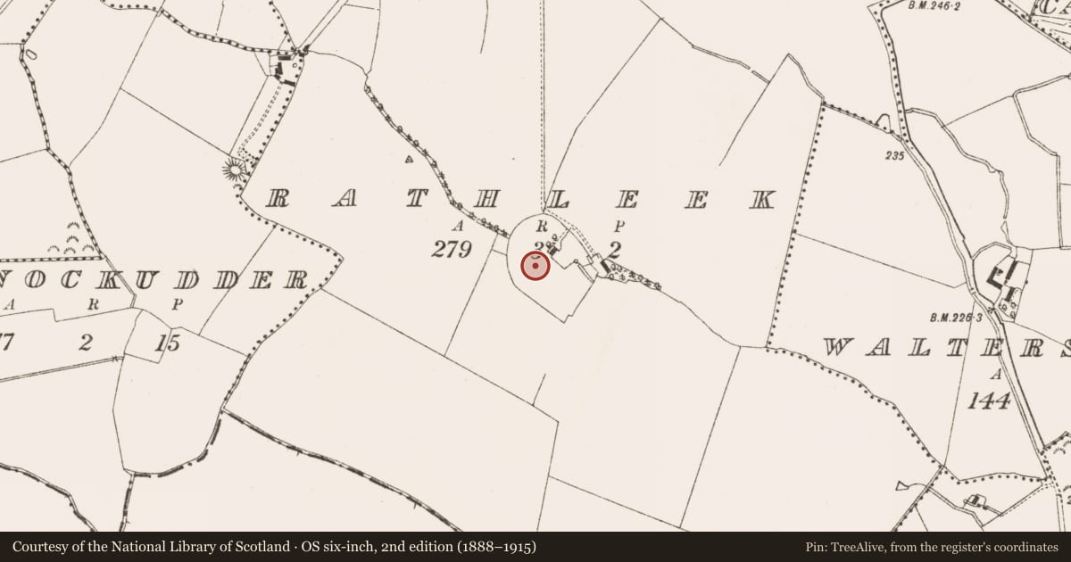 Ordnance Survey six-inch map, 2nd edition (1888–1915) covering the location of Church, Rathleek, County Meath, with a pin at the register's coordinates