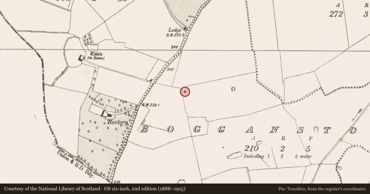 Ordnance Survey six-inch map, 2nd edition (1888–1915) covering the location of Ring-ditch, Bogganstown, County Meath, with a pin at the register's coordinates