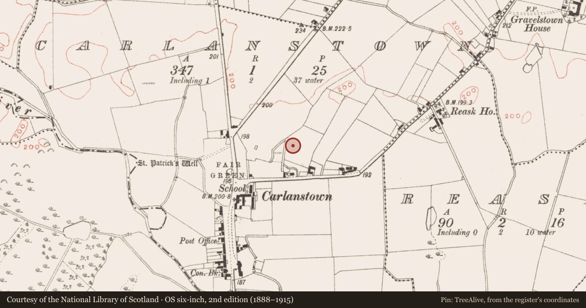Ordnance Survey six-inch map, 2nd edition (1888–1915) covering the location of Fulacht fia, Carlanstown, County Meath, with a pin at the register's coordinates