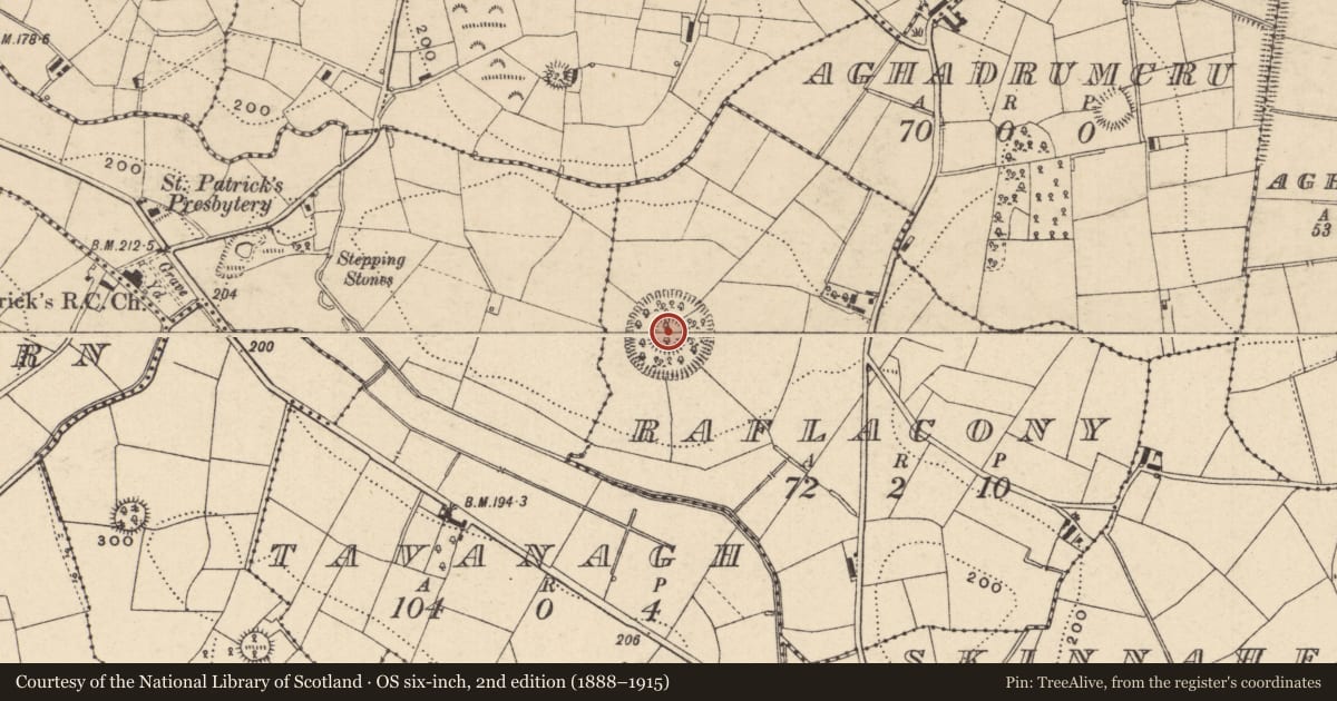 Ordnance Survey six-inch map, 2nd edition (1888–1915) covering the location of Ringfort - rath, Raflacony, County Monaghan, with a pin at the register's coordinates