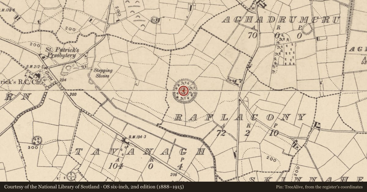 Ordnance Survey six-inch map, 2nd edition (1888–1915) covering the location of Designed landscape feature, Raflacony, County Monaghan, with a pin at the register's coordinates