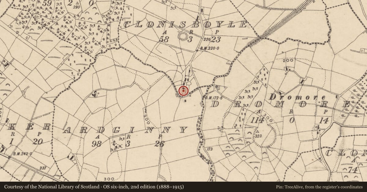 Ordnance Survey six-inch map, 2nd edition (1888–1915) covering the location of Ritual site - holy/saint's stone, Clonisboyle, County Monaghan, with a pin at the register's coordinates