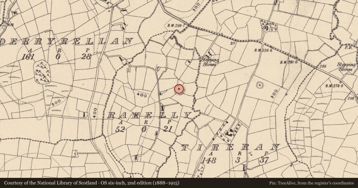 Ordnance Survey six-inch map, 2nd edition (1888–1915) covering the location of Ringfort - rath, Rakelly, County Monaghan, with a pin at the register's coordinates