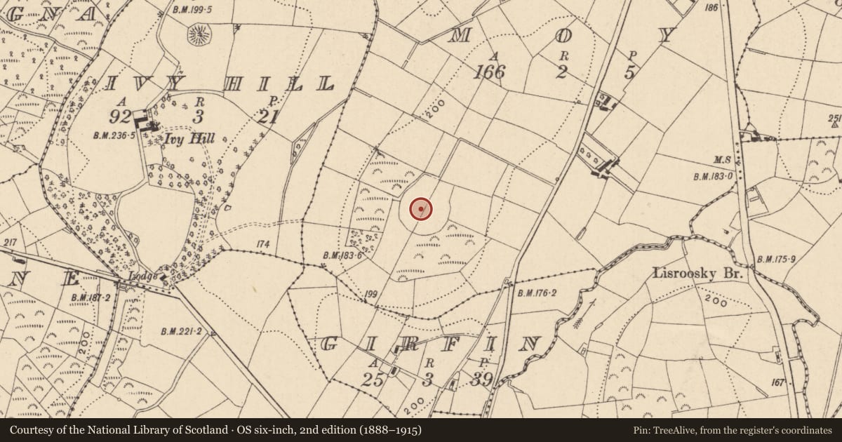 Ordnance Survey six-inch map, 2nd edition (1888–1915) covering the location of Designed landscape feature, Moy, County Monaghan, with a pin at the register's coordinates