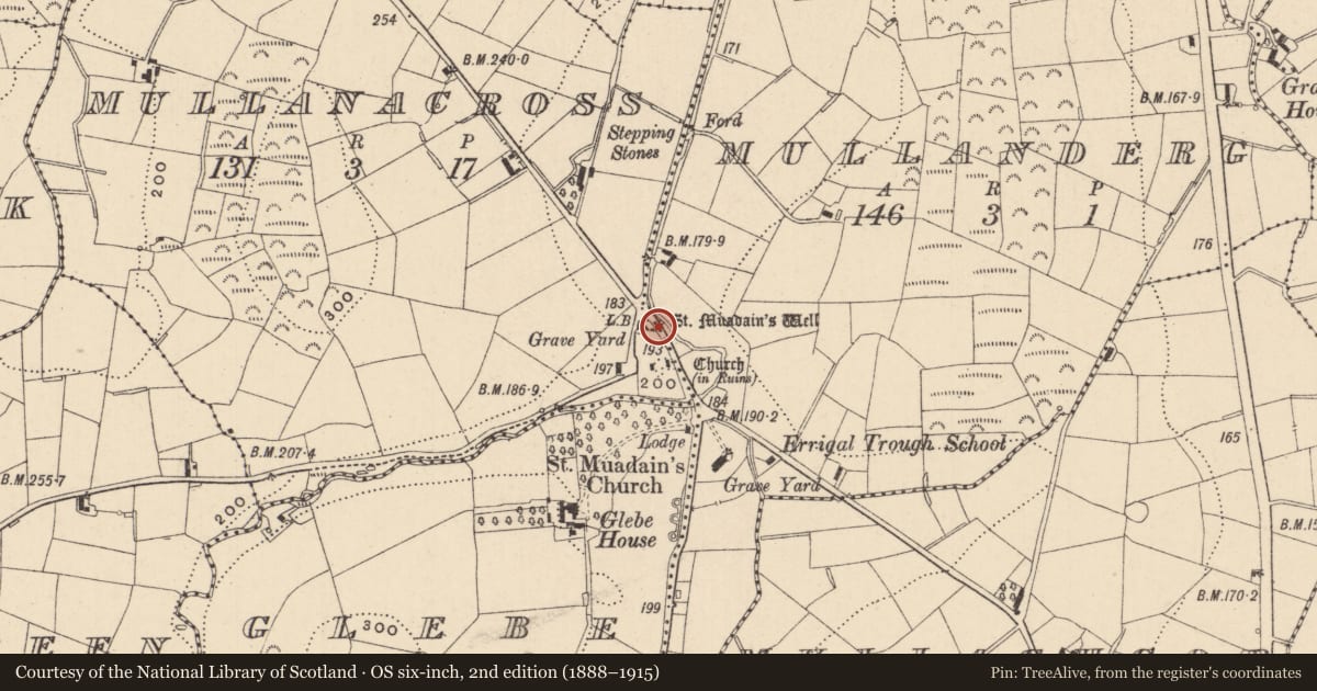 Ordnance Survey six-inch map, 2nd edition (1888–1915) covering the location of Ritual site - holy well, Mullanderg, County Monaghan, with a pin at the register's coordinates