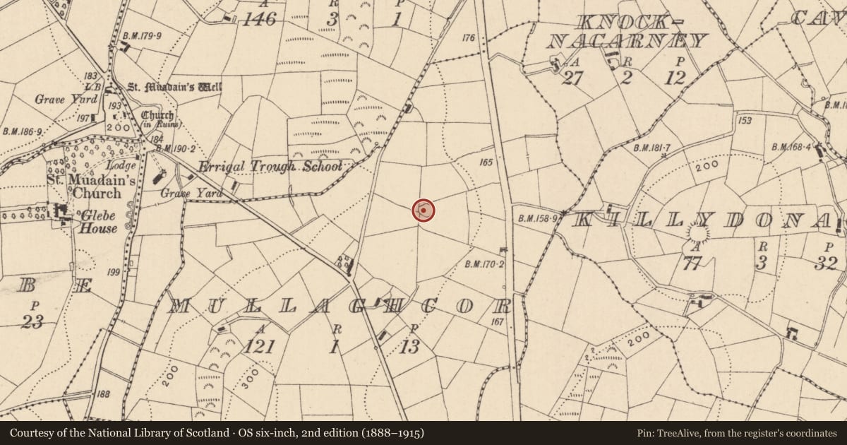 Ordnance Survey six-inch map, 2nd edition (1888–1915) covering the location of Ringfort - rath, Mullaghcor, County Monaghan, with a pin at the register's coordinates
