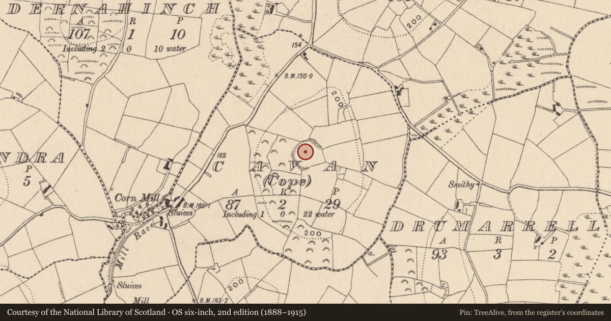 Ordnance Survey six-inch map, 2nd edition (1888–1915) covering the location of Hilltop enclosure, Cavan (Cope), County Monaghan, with a pin at the register's coordinates