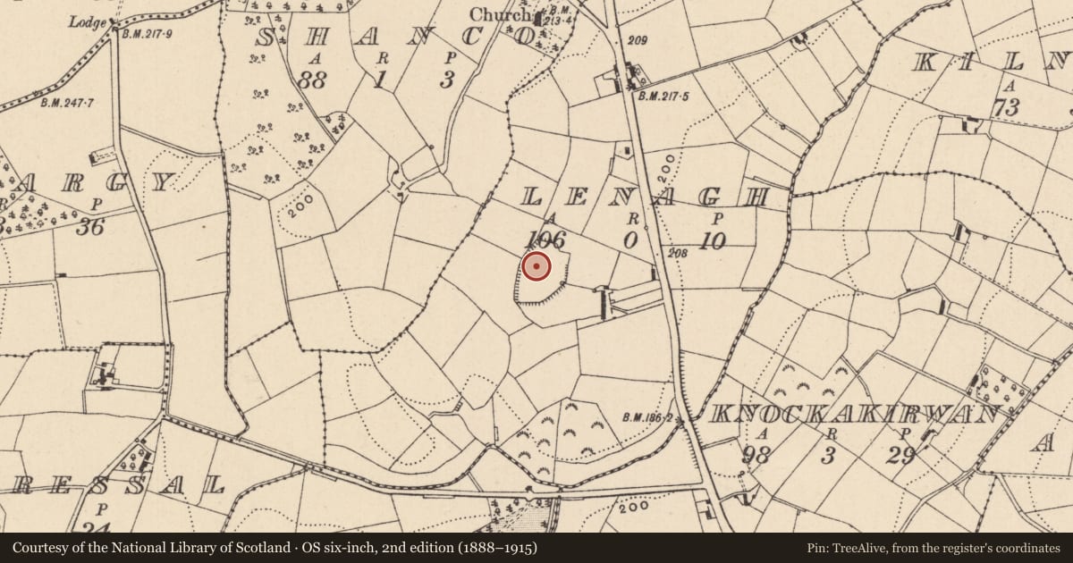 Ordnance Survey six-inch map, 2nd edition (1888–1915) covering the location of Hilltop enclosure, Lenagh, County Monaghan, with a pin at the register's coordinates