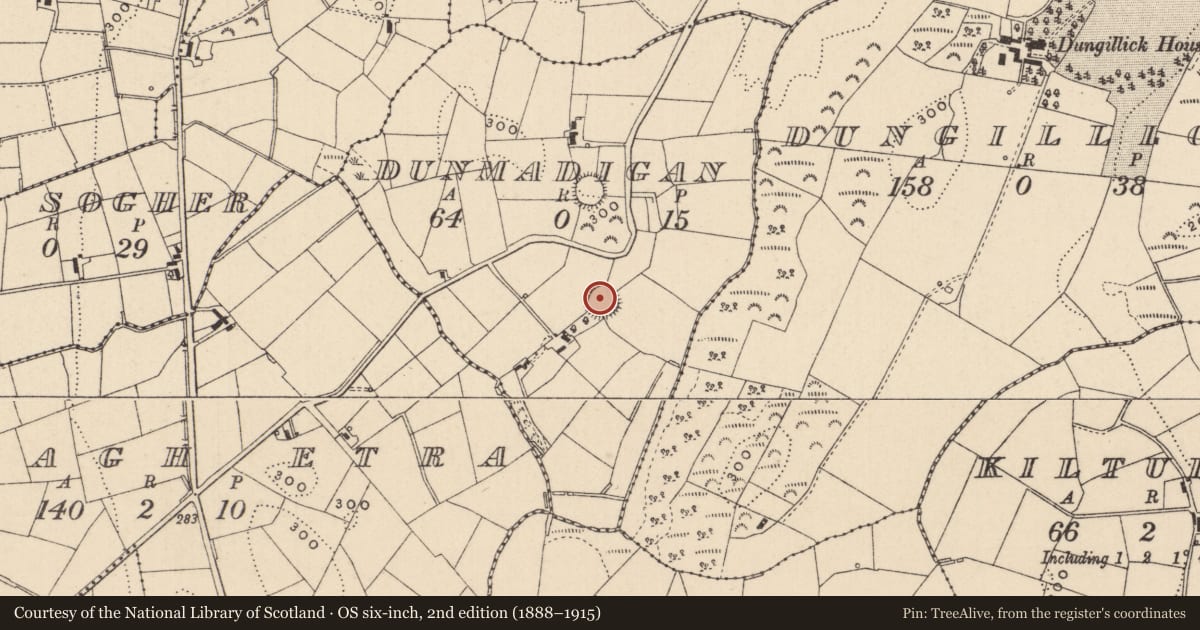 Ordnance Survey six-inch map, 2nd edition (1888–1915) covering the location of Ringfort - rath, Dunmadigan, County Monaghan, with a pin at the register's coordinates
