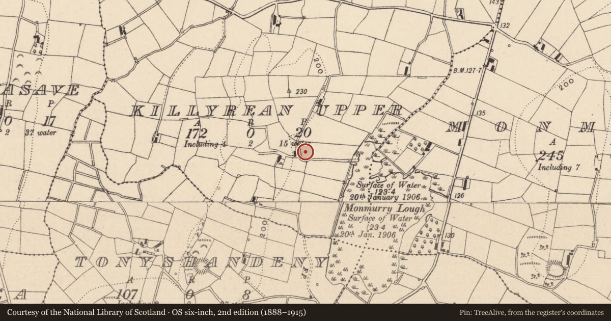 Ordnance Survey six-inch map, 2nd edition (1888–1915) covering the location of Ringfort - rath, Killyrean Upper, County Monaghan, with a pin at the register's coordinates