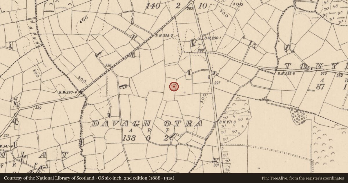 Ordnance Survey six-inch map, 2nd edition (1888–1915) covering the location of Ringfort - rath, Davagh Otra, County Monaghan, with a pin at the register's coordinates