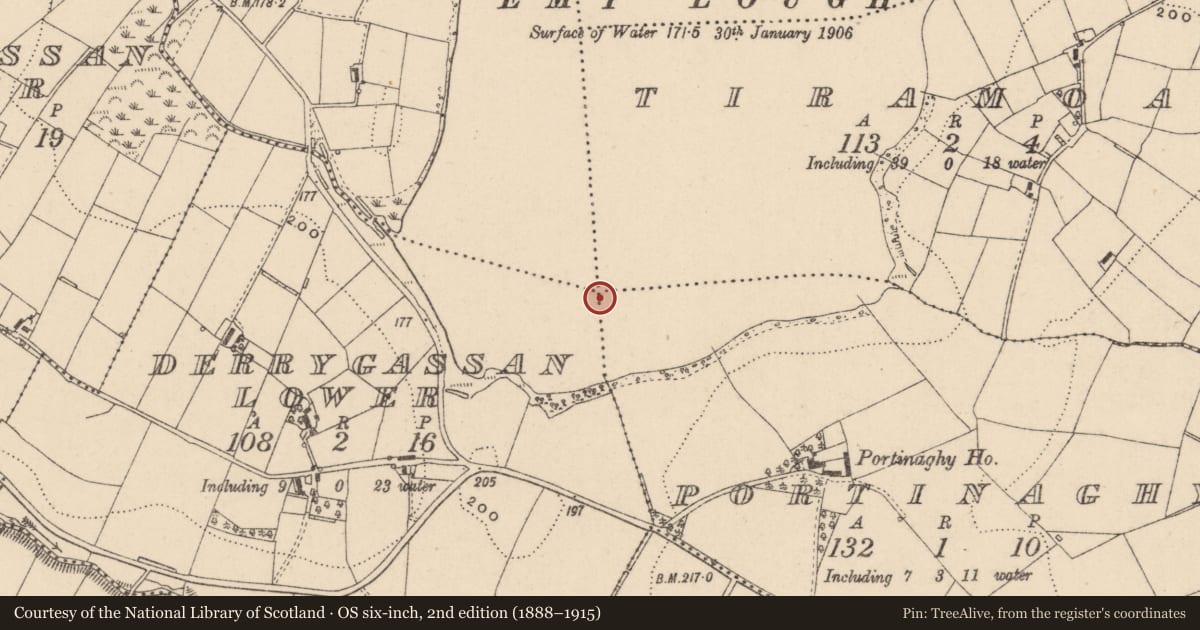 Ordnance Survey six-inch map, 2nd edition (1888–1915) covering the location of Crannog, County Monaghan, with a pin at the register's coordinates