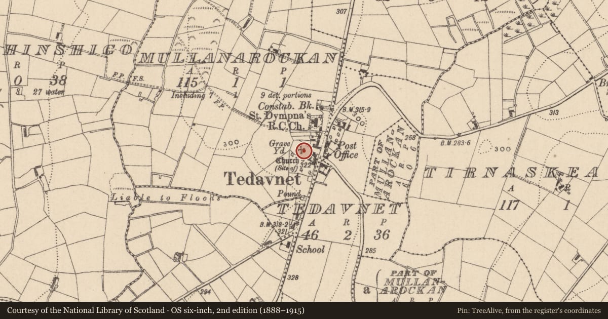 Ordnance Survey six-inch map, 2nd edition (1888–1915) covering the location of Church, Mullanarockan, County Monaghan, with a pin at the register's coordinates