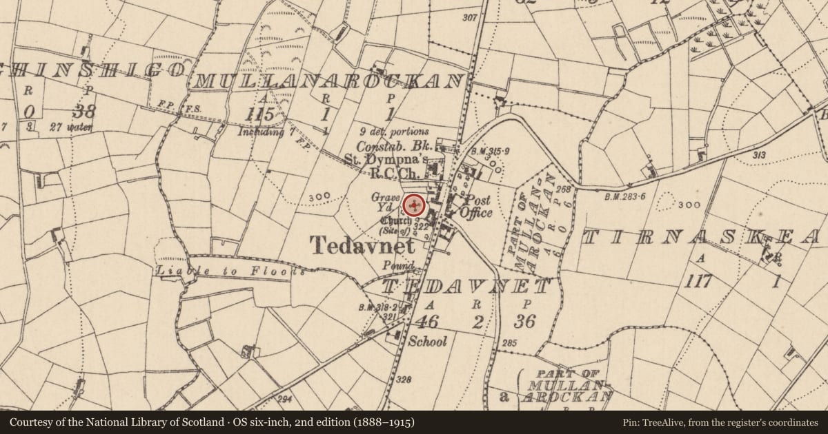 Ordnance Survey six-inch map, 2nd edition (1888–1915) covering the location of Graveyard, Mullanarockan, County Monaghan, with a pin at the register's coordinates