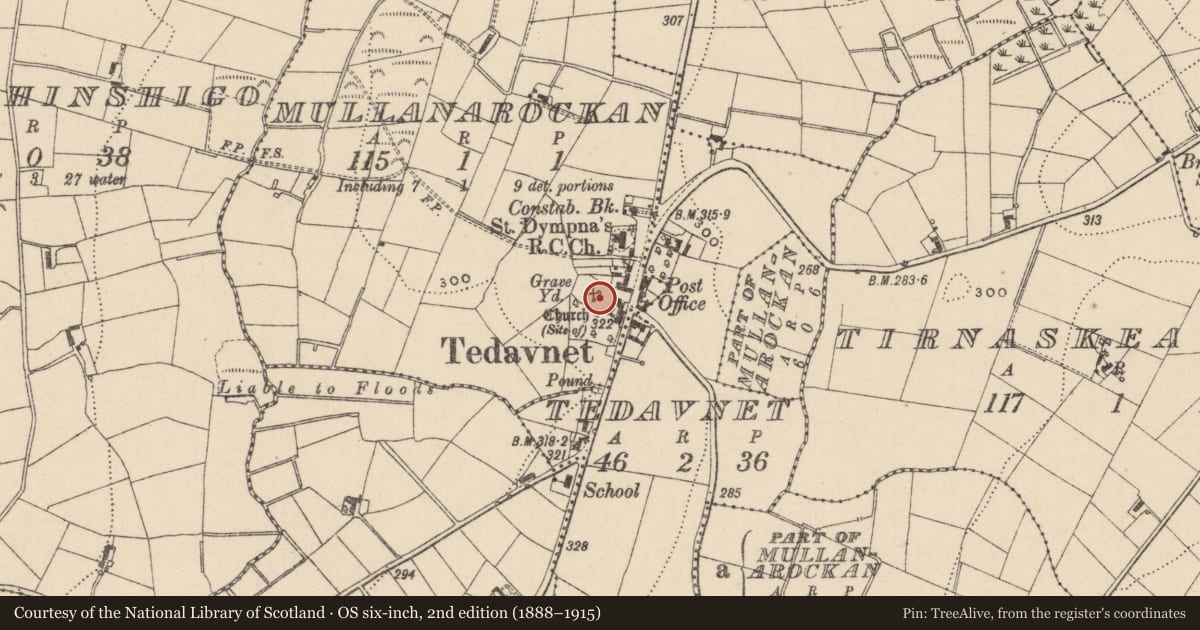 Ordnance Survey six-inch map, 2nd edition (1888–1915) covering the location of Graveslab, Mullanarockan, County Monaghan, with a pin at the register's coordinates