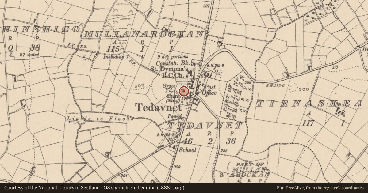Ordnance Survey six-inch map, 2nd edition (1888–1915) covering the location of Wall monument, Mullanarockan, County Monaghan, with a pin at the register's coordinates