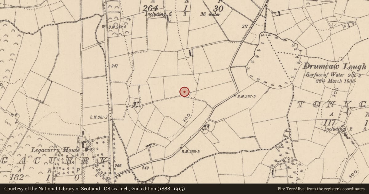 Ordnance Survey six-inch map, 2nd edition (1888–1915) covering the location of Enclosure, Drumcaw, County Monaghan, with a pin at the register's coordinates