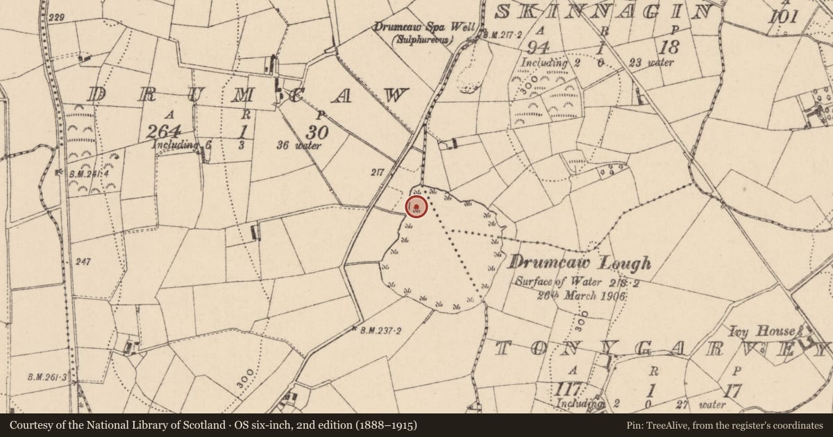 Ordnance Survey six-inch map, 2nd edition (1888–1915) covering the location of Crannog, Drumcaw, County Monaghan, with a pin at the register's coordinates
