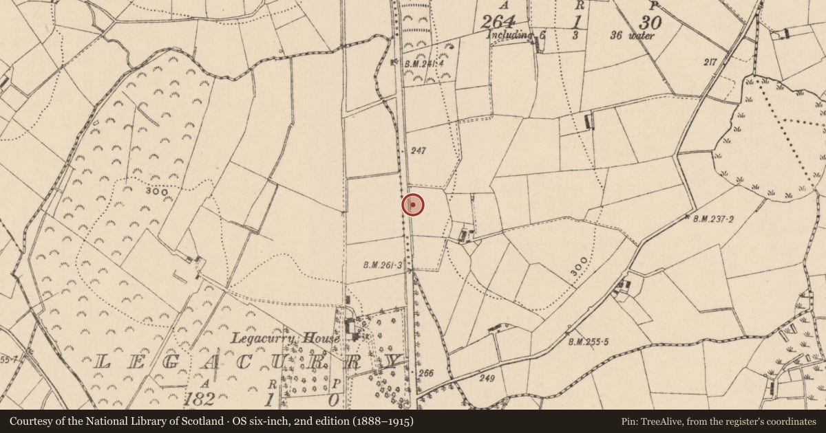 Ordnance Survey six-inch map, 2nd edition (1888–1915) covering the location of Fulacht fia, Drumcaw, County Monaghan, with a pin at the register's coordinates