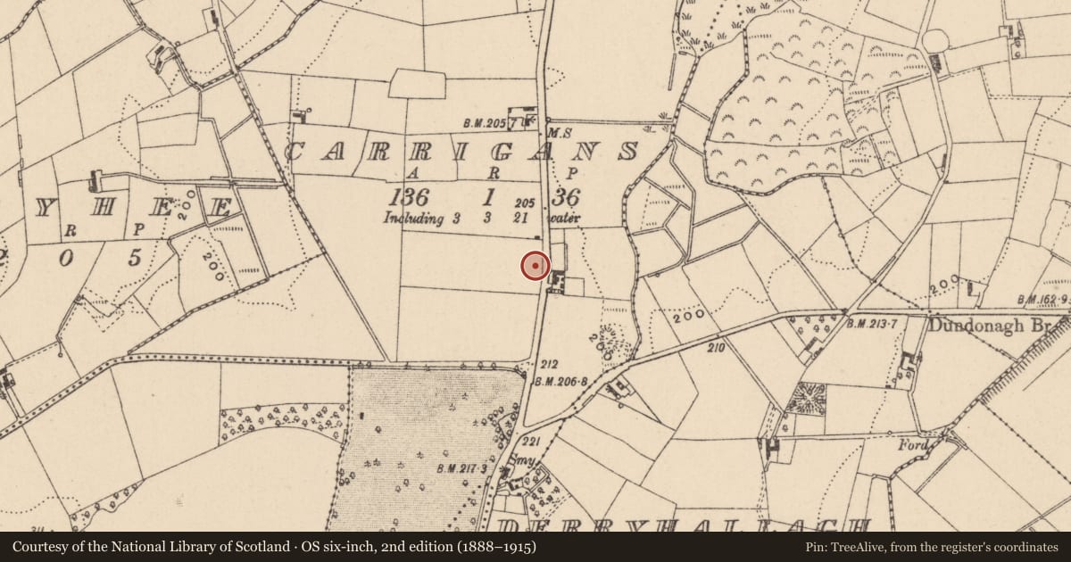 Ordnance Survey six-inch map, 2nd edition (1888–1915) covering the location of Fulacht fia, Carrigans, County Monaghan, with a pin at the register's coordinates