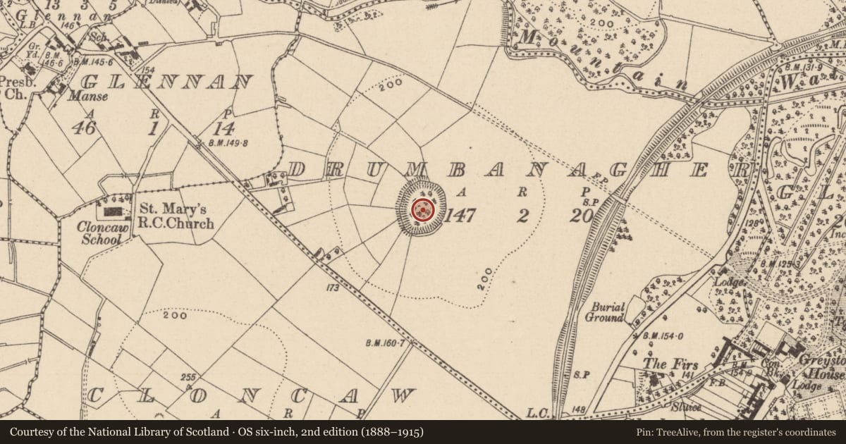 Ordnance Survey six-inch map, 2nd edition (1888–1915) covering the location of Hilltop enclosure, Drumbanagher, County Monaghan, with a pin at the register's coordinates
