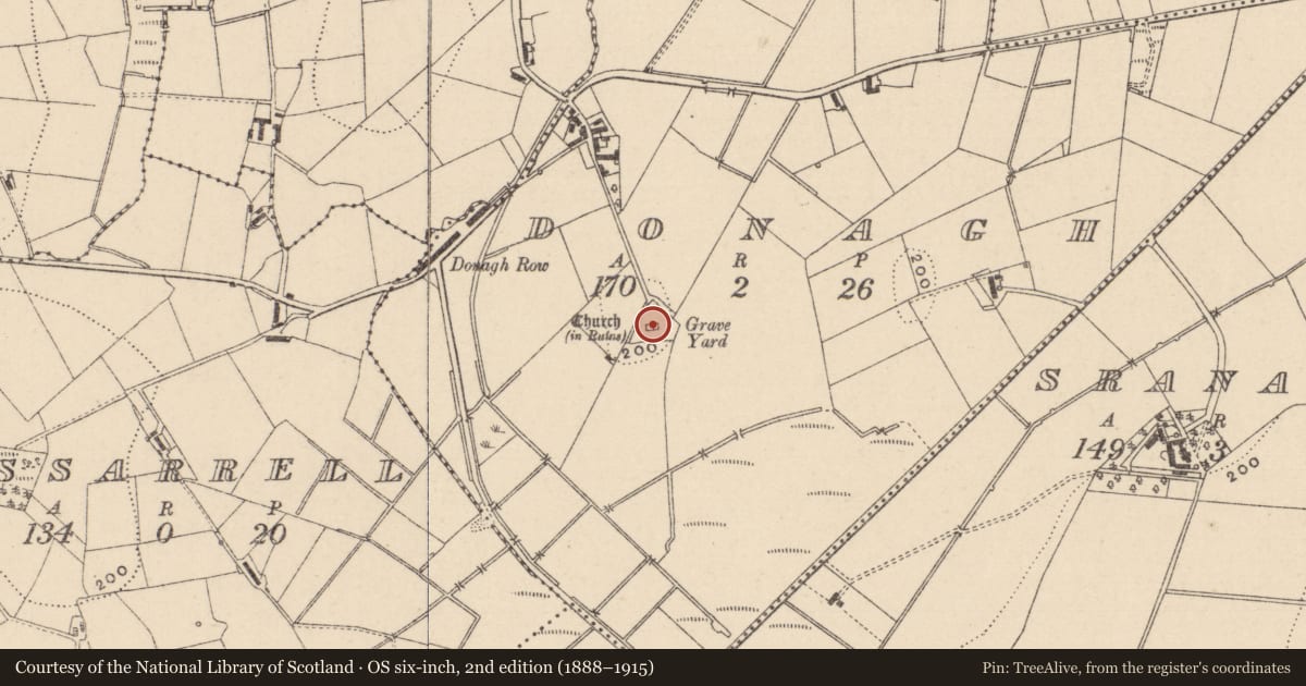 Ordnance Survey six-inch map, 2nd edition (1888–1915) covering the location of Church, Donagh, County Monaghan, with a pin at the register's coordinates